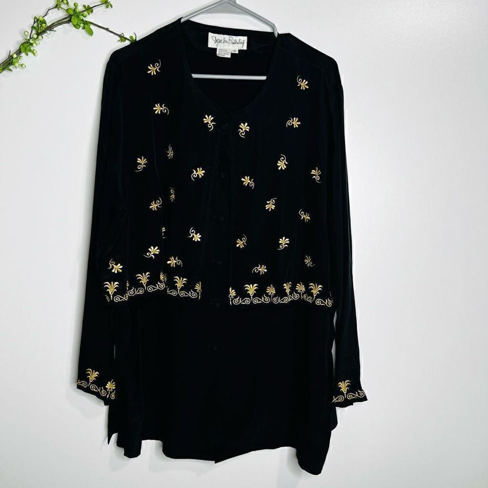 Diane Von Furstenberg 100% Silk Black Gold Embroidered Vintage Tunic Size 1X